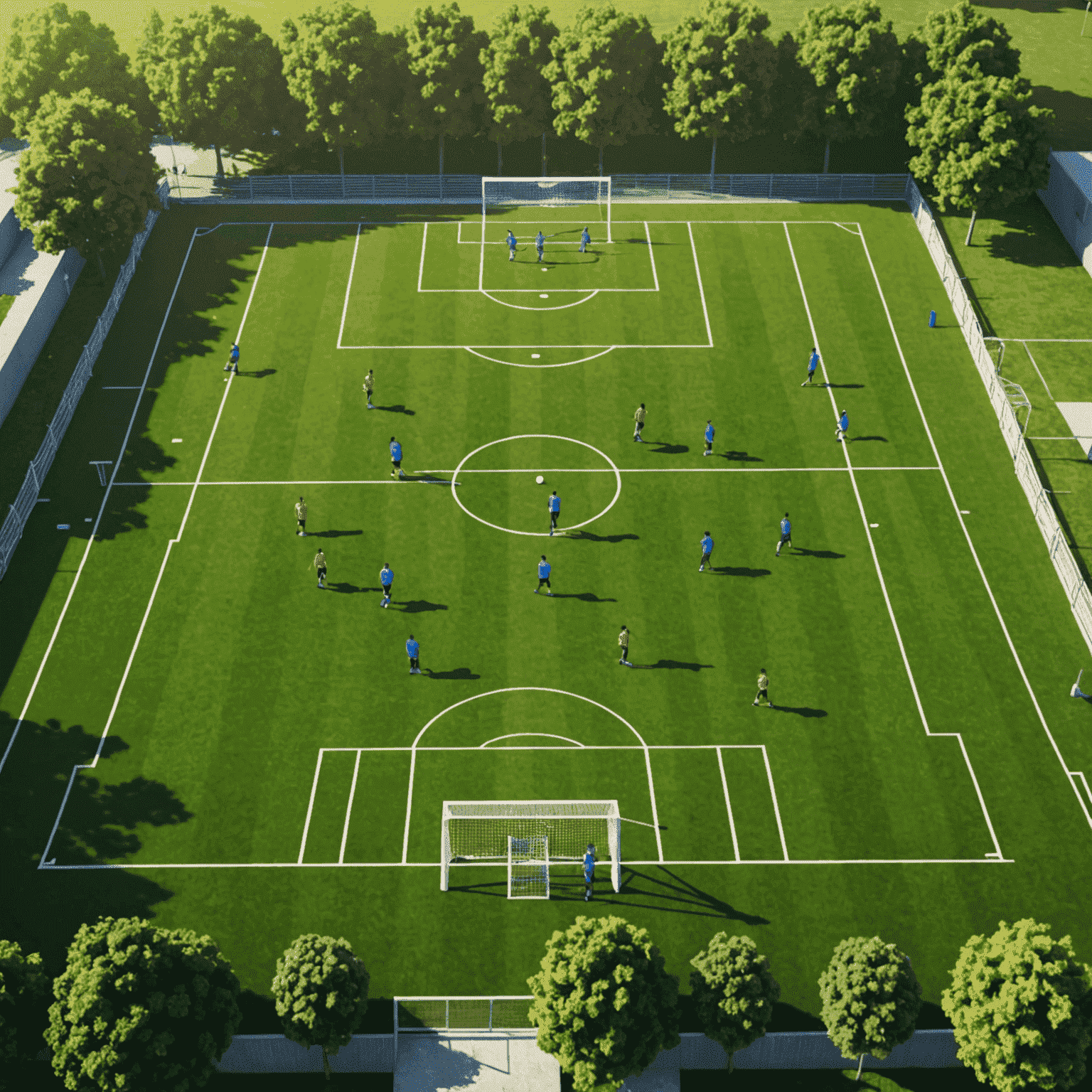 Futbol sahasında çeşitli antrenman ekipmanları ve yeni başlayanlar için düzenlenmiş istasyonlar