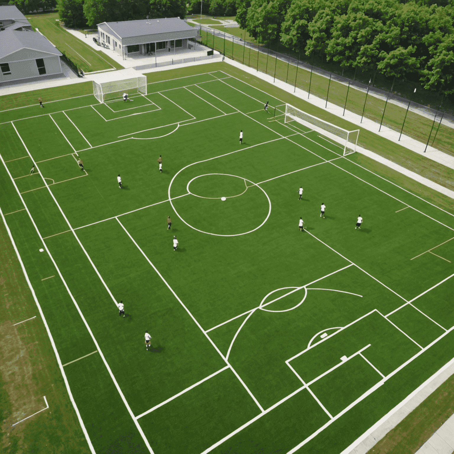Futbol sahasında 10 farklı antrenman istasyonu gösteriliyor. Her istasyonda genç futbolcular temel becerileri pratik ediyor.