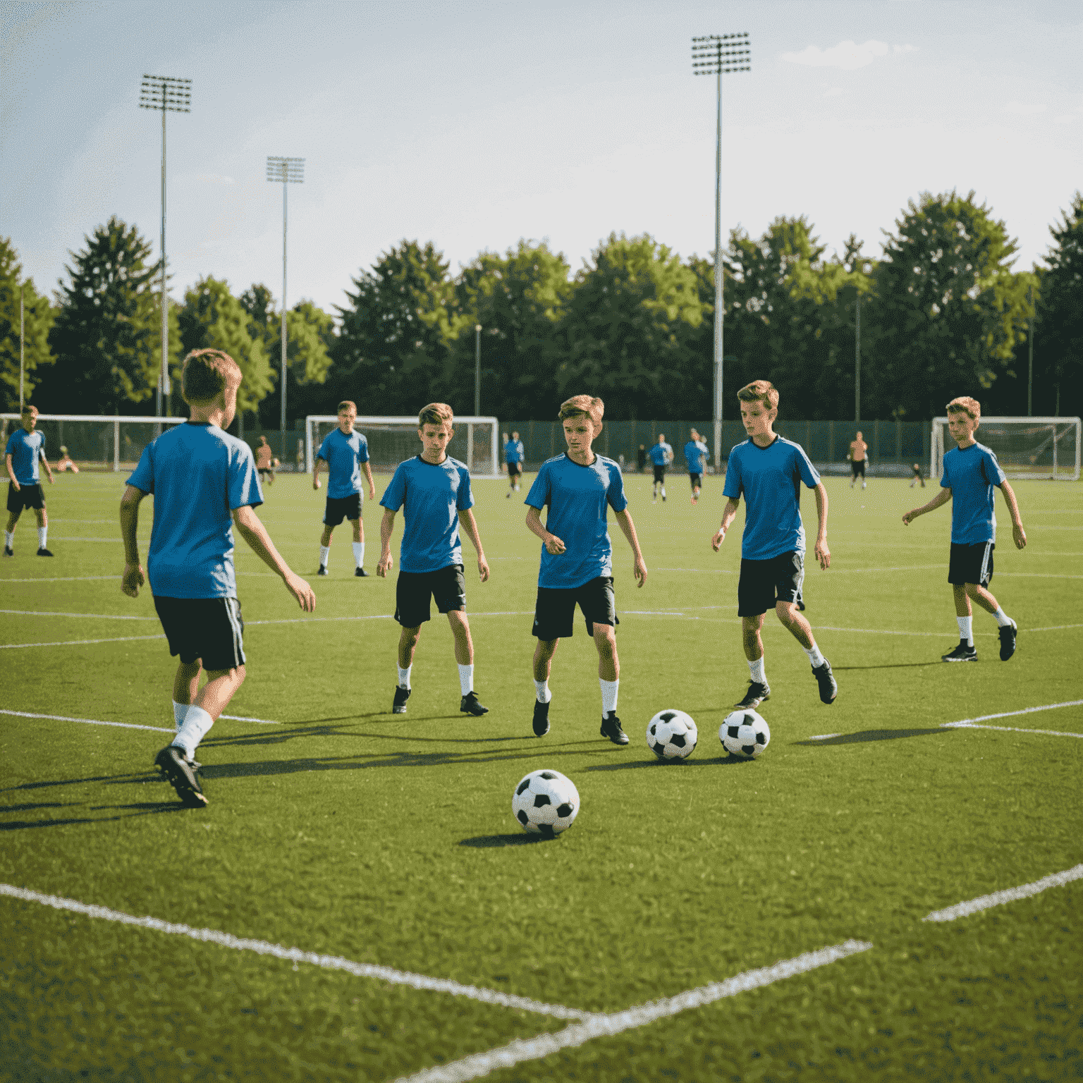 Futbol sahasında antrenman yapan genç oyuncular. Topla çalışma, pas verme ve şut atma egzersizleri yapıyorlar.