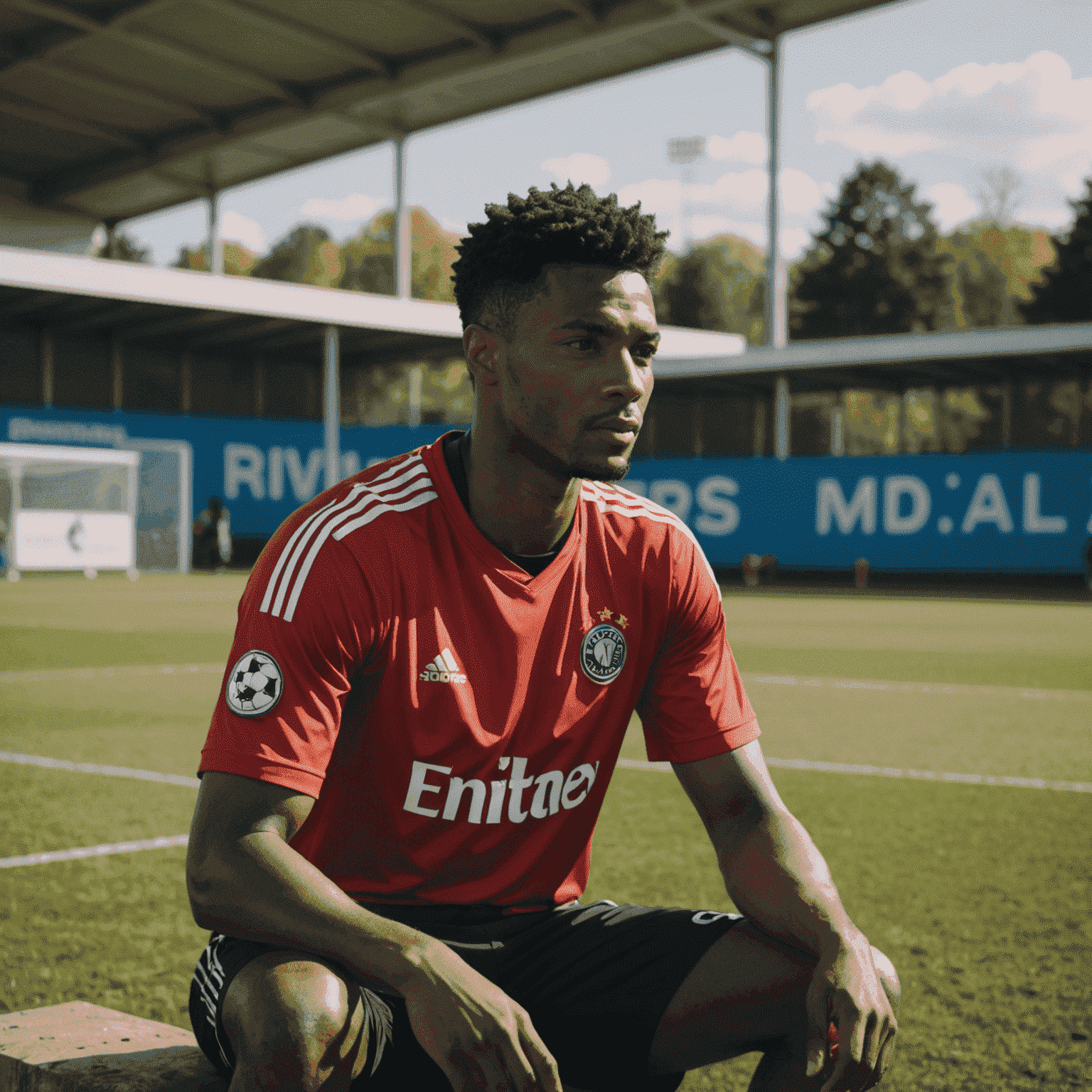 Pincokeysports'un yıldız forveti, kulübün antrenman sahasında oturmuş, samimi bir şekilde röportaj veriyor. Arka planda futbol sahası ve kulüp logosu görünüyor.