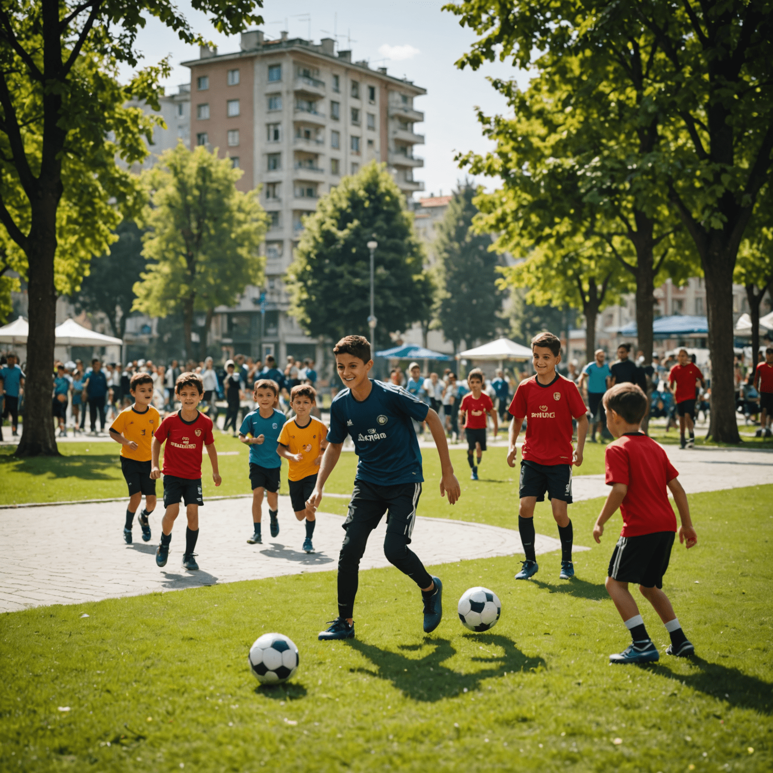 Pincokeysports oyuncuları, Üsküdar'daki bir parkta çocuklarla futbol oynuyor. Arka planda yerel halk ve aileler gülümseyerek izliyor.